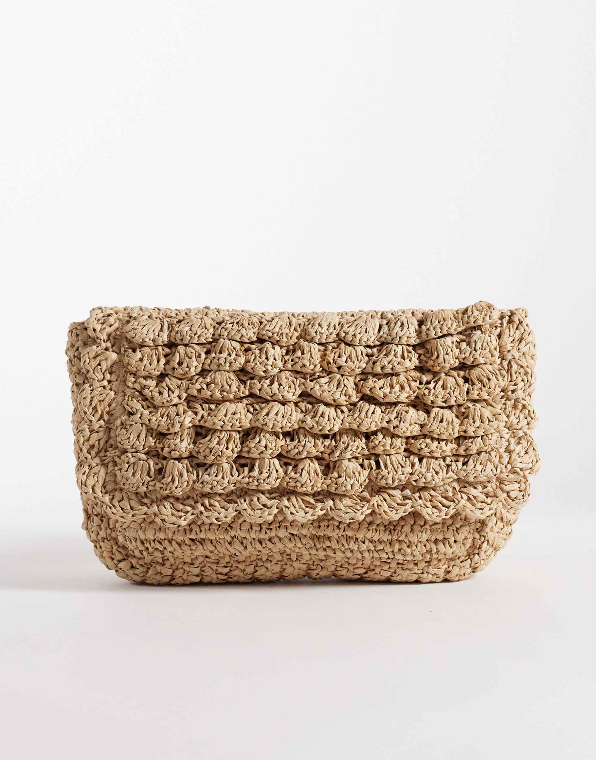 glamorous textured straw raffia shoulder clutch bag in neutral