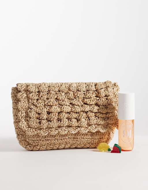 Glamorous textured straw raffia shoulder clutch bag in neutral, 2 of 4