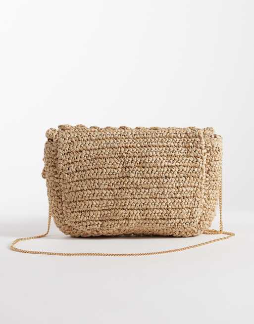 Glamorous textured straw raffia shoulder clutch bag in neutral, 4 of 4