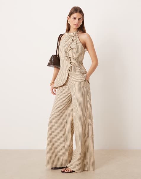 Glamorous thick waistband pull on pants in white and blue stripes - part of a set - view 1