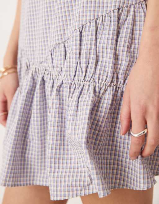 Glamorous throw on dropped waist mini dress with puff sleeves in blue plaid, 3 of 4