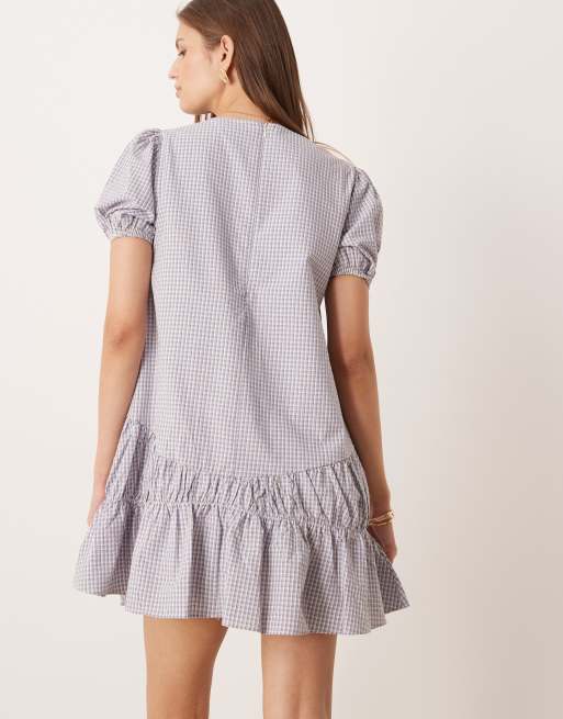 Glamorous throw on dropped waist mini dress with puff sleeves in blue plaid, 4 of 4