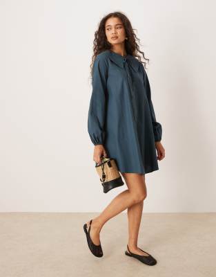 throw on shirt dress with tie neck in green stripes