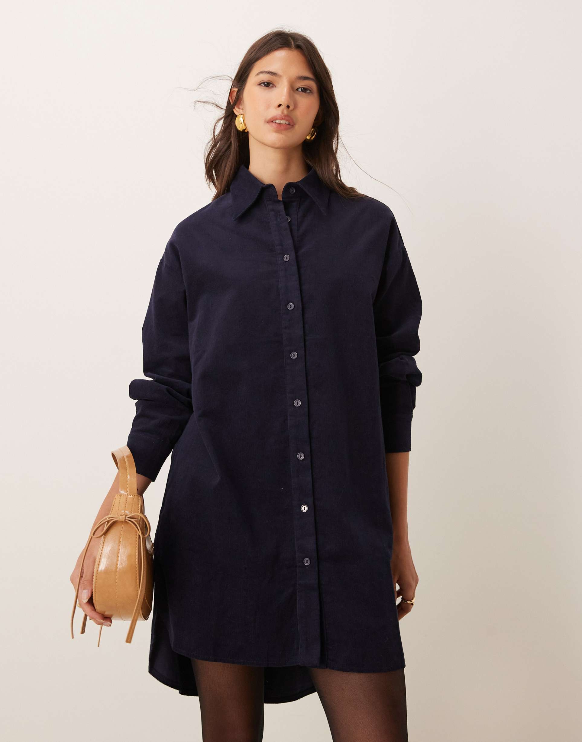 glamorous throw on smock dress in dark navy micro corduroy