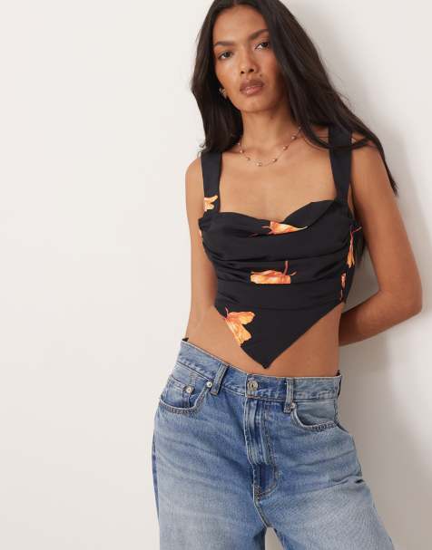 Glamorous Tie-back crop-top in black orange flower - view 1