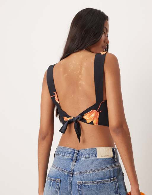 Glamorous Tie-back crop-top in black orange flower, 4 of 4