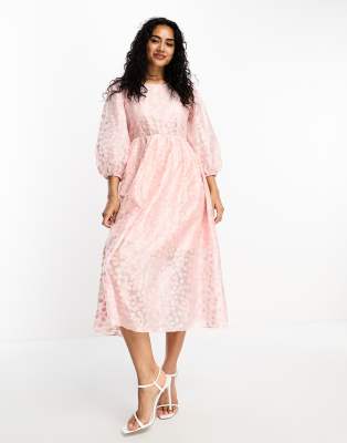 tie back puff sleeve midi smock dress in pink organza