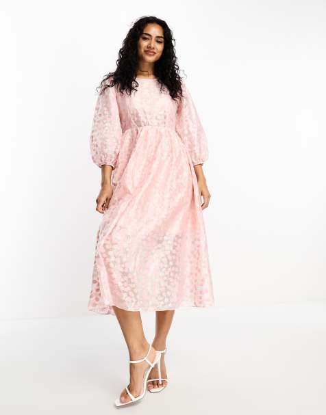 Glamorous tie back puff sleeve midi smock dress in pink organza - view 1