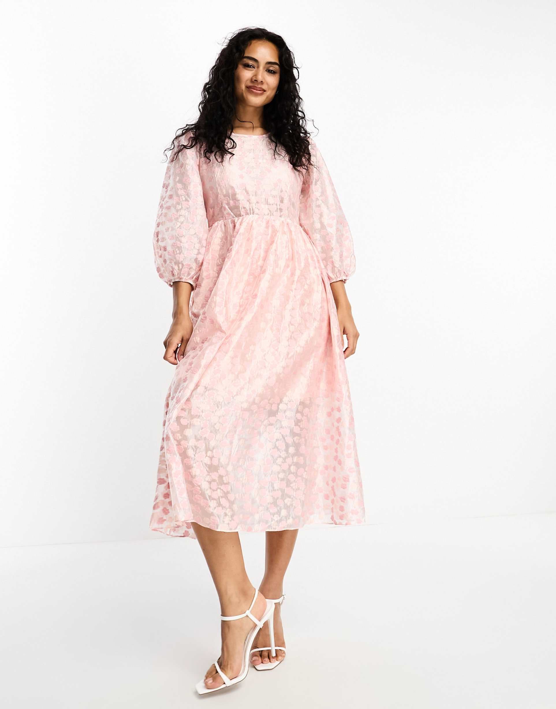 glamorous tie back puff sleeve midi smock dress in pink organza