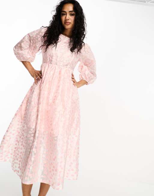 Glamorous tie back puff sleeve midi smock dress in pink organza