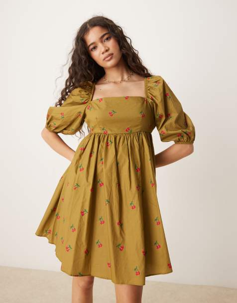 Glamorous Tie back square neck mini dress in olive cherry print - view 1