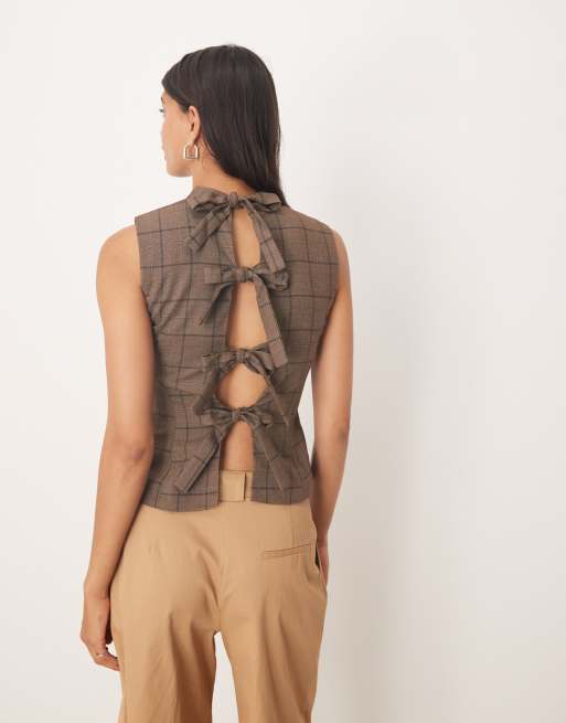 Glamorous Tie Back Top in brown check