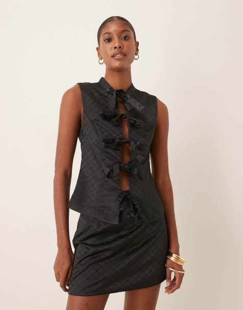 Glamorous tie bow front top in black check (part of a set) - view 1