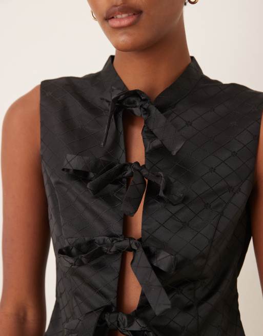 Glamorous tie bow front top in black checkerboard - part of a set, 3 of 4