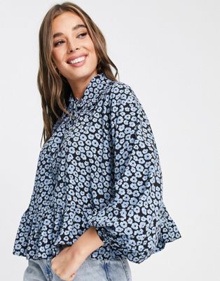 Glamorous tie detail blouse in dusty blue floral