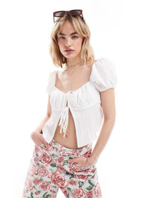 Glamorous tie-detail open front crop top in white