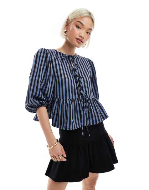 Glamorous Tie front blouse in blue black stripe - view 1