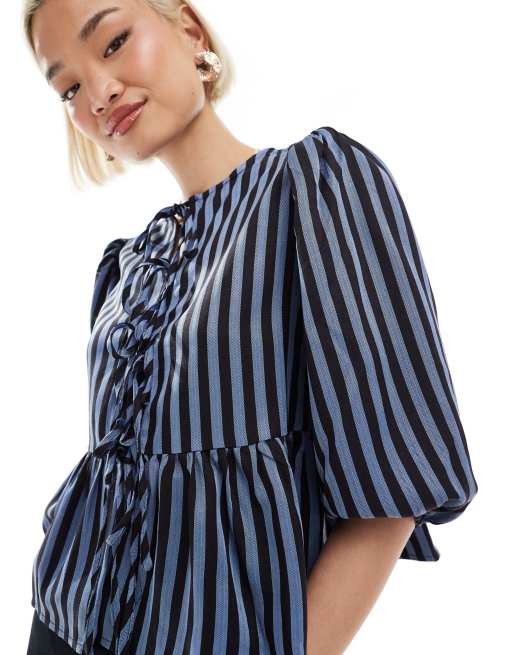Glamorous tie front blouse in blue black stripe, 2 of 4