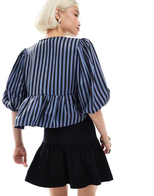 Glamorous tie front blouse in blue black stripe, 4 of 4