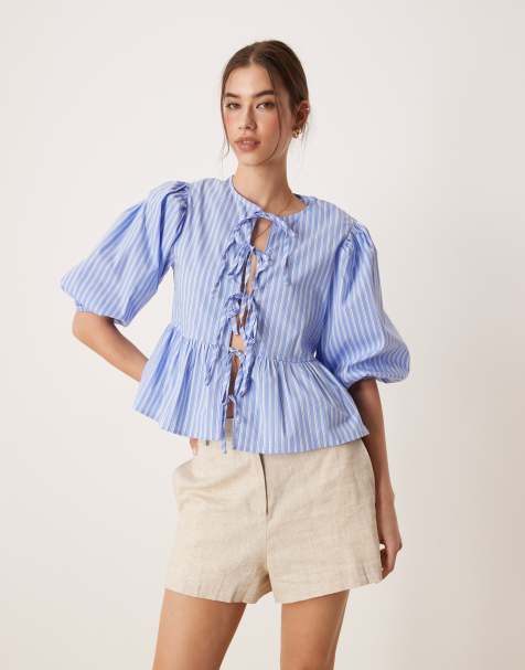 Glamorous tie front blouse in blue stripe