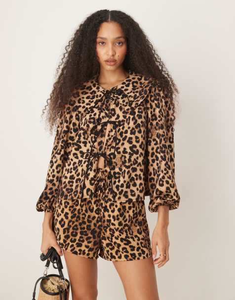 Glamorous tie front blouse in leopard co-ord