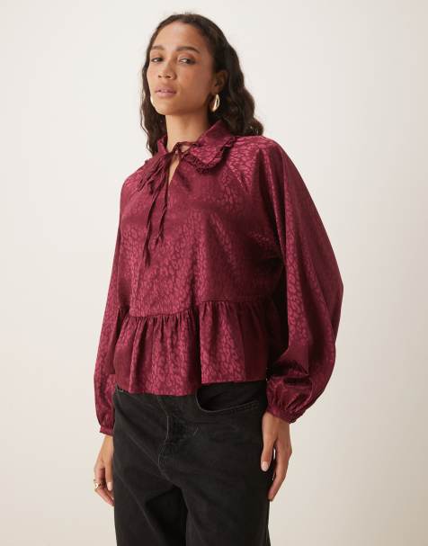 Glamorous Tie front blouse in plum leopard jacquard