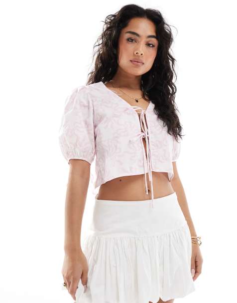 Glamorous Tie front blouse in white pink bow - view 1