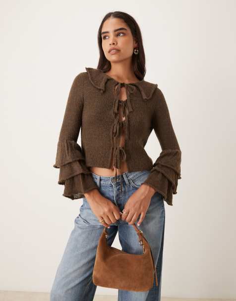 Glamorous Tie front cardigan in dark brown - view 1