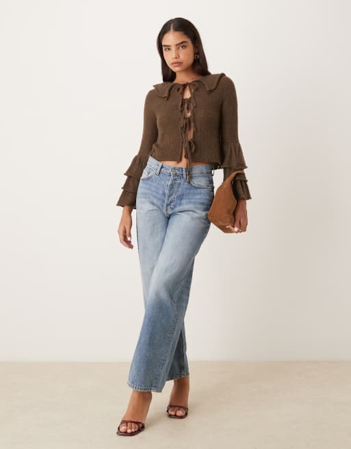 Glamorous Tie front cardigan in dark brown, 2 of 4