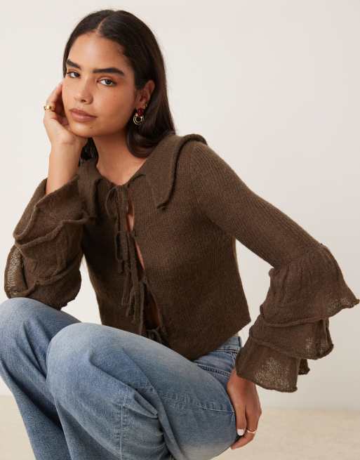Glamorous Tie front cardigan in dark brown, 4 of 4