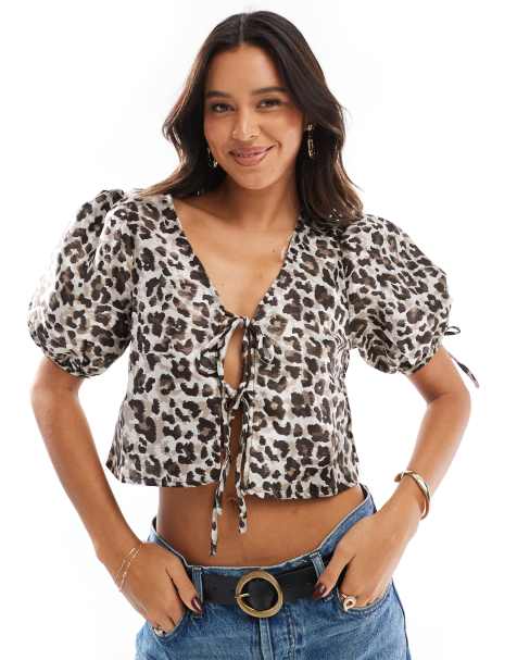 Glamorous Tie-front crop-top in mocha leopard print - GREY - view 1