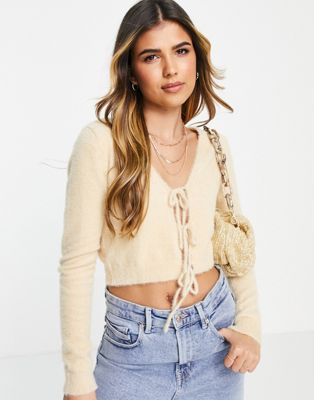Glamorous tie front cropped cardigan in stone
