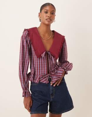 [Glamorous] Glamorous tie front exaggerated collar blouse in burgundy navy check-Red 16 BURGUNDY NAVY CHECK