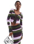 [Glamorous] Glamorous tie front fitted cardigan in purple green stripe knit (part of a set)-Multi 10 GREEN PURPLE STRIPE