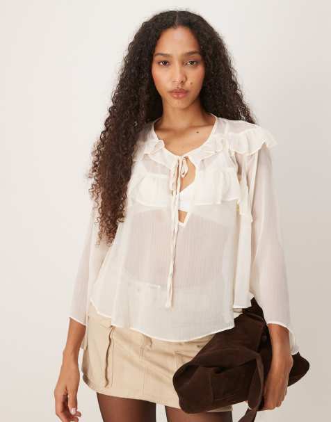 Glamorous Tie Front Keyhole Detail Ruffle Blouse in cream - view 1