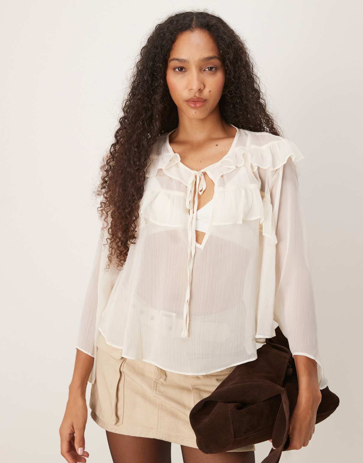 Glamorous Tie Front Keyhole Detail Ruffle Blouse in cream