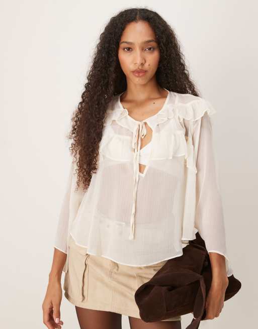 Glamorous Tie Front Keyhole Detail Ruffle Blouse in cream