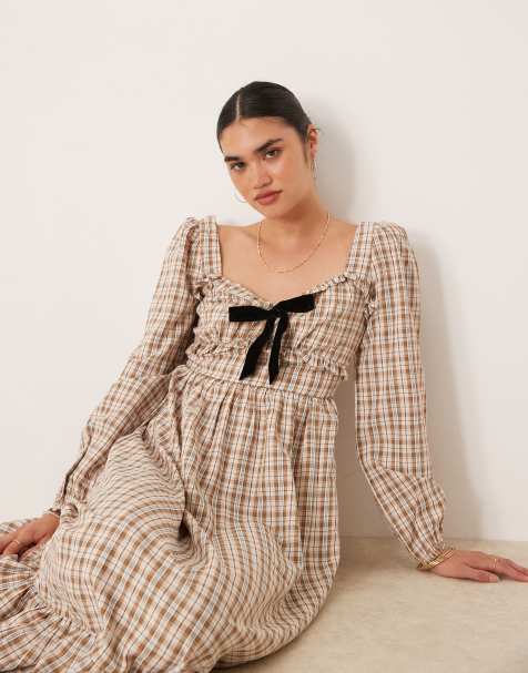 Glamorous tie front long sleeve maxi dress in brown check - view 1