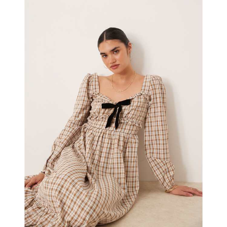 Glamorous tie front long sleeve maxi dress in brown check | ASOS