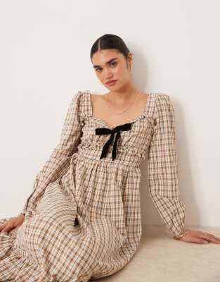 tie front long sleeve maxi dress in brown plaid
