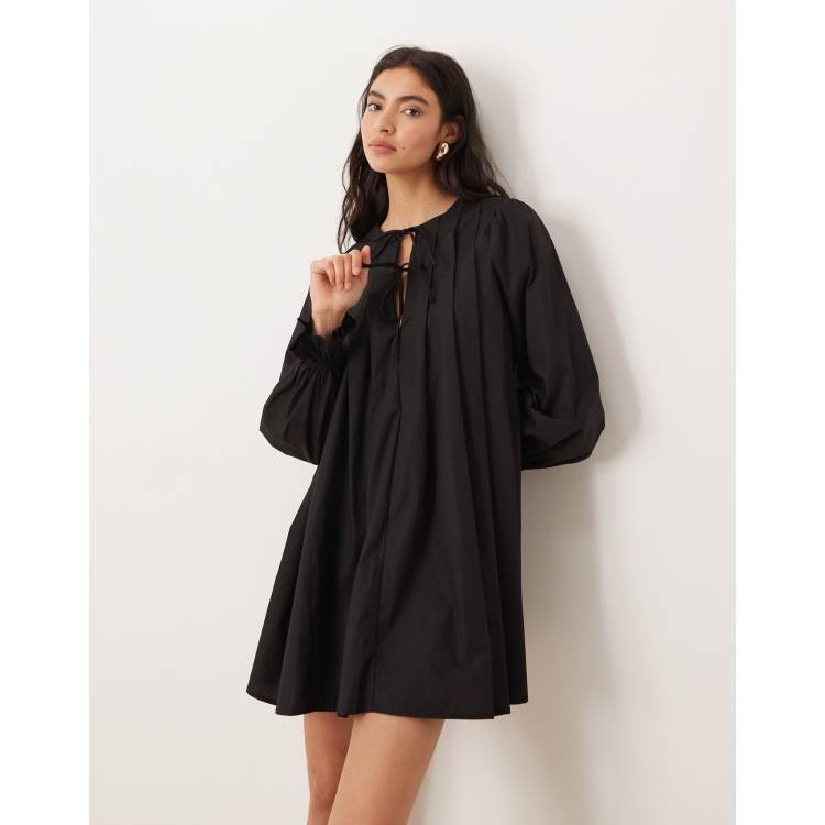 much love black swiss dot long sleeve tie-front mini dress Glamorous - Tie Front - Women - Cotton - 6 US Perfect Knee length base_color:red HTBVGO V Neck Chiffon Color:BLACK/NUDE