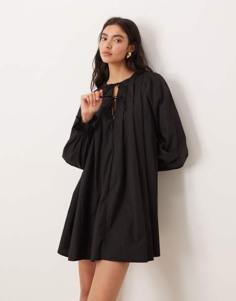 Glamorous tie front long sleeve mini dress in black