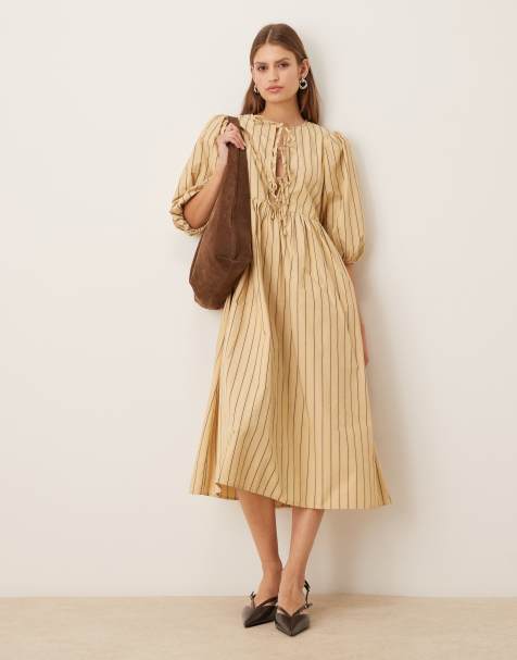 Glamorous Tie-front midi-dress in beige brown stripe - view 1