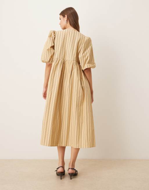 Glamorous Tie-front midi-dress in beige brown stripe, 3 of 4