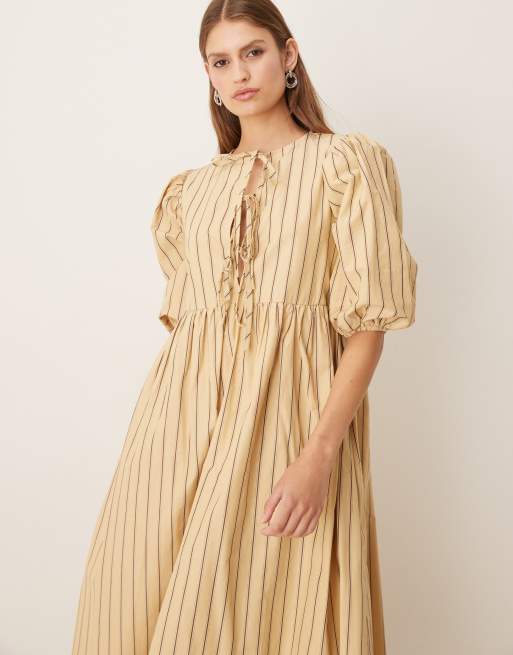Glamorous Tie-front midi-dress in beige brown stripe, 4 of 4