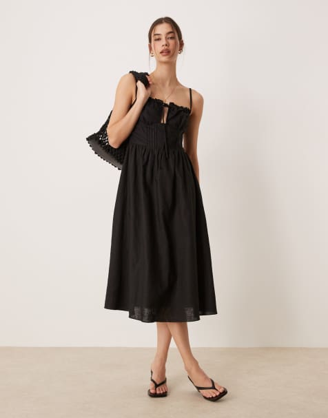 Glamorous tie front midi dress in black
