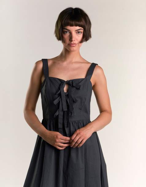 Glamorous Tie front midi dress in dark grey - view 1