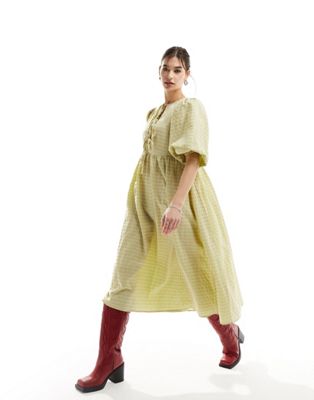 Glamorous bow tie puff sleeve midi smock dress in green red check