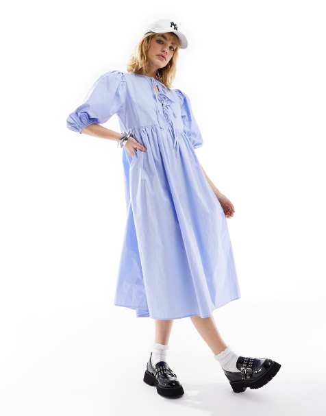 Glamorous tie front midi smock dress in micro blue stripe - view 1