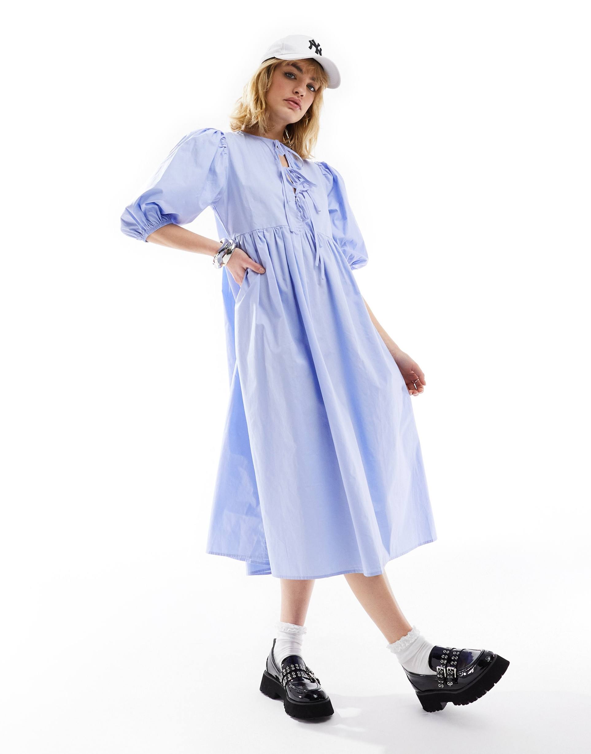 glamorous tie front midi smock dress in micro blue stripe